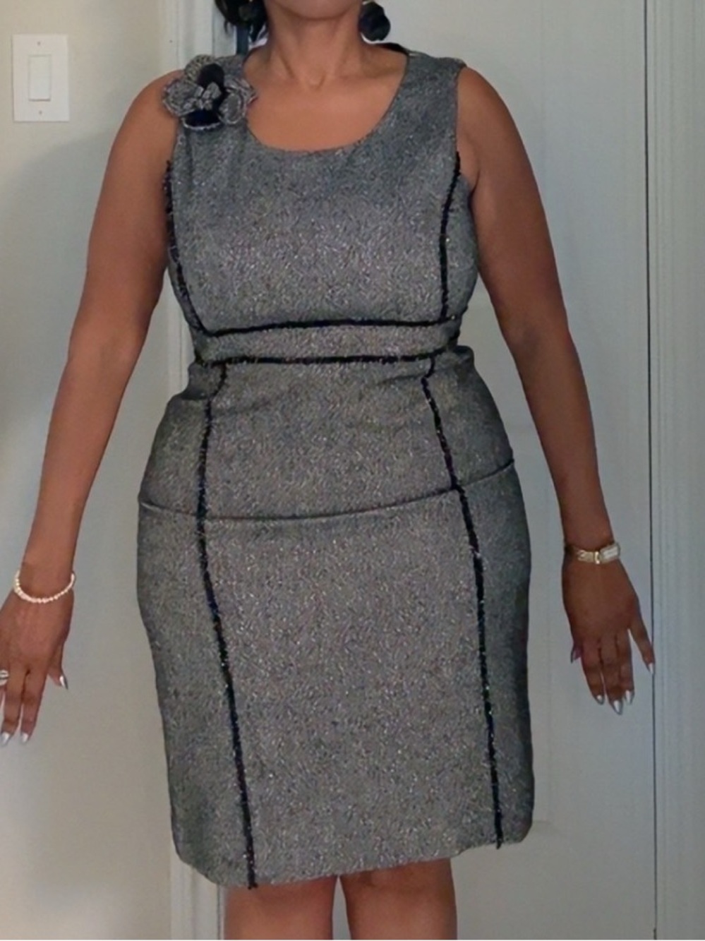 Merona Black and Gray Tweed Sheath Dress with Floral Applique